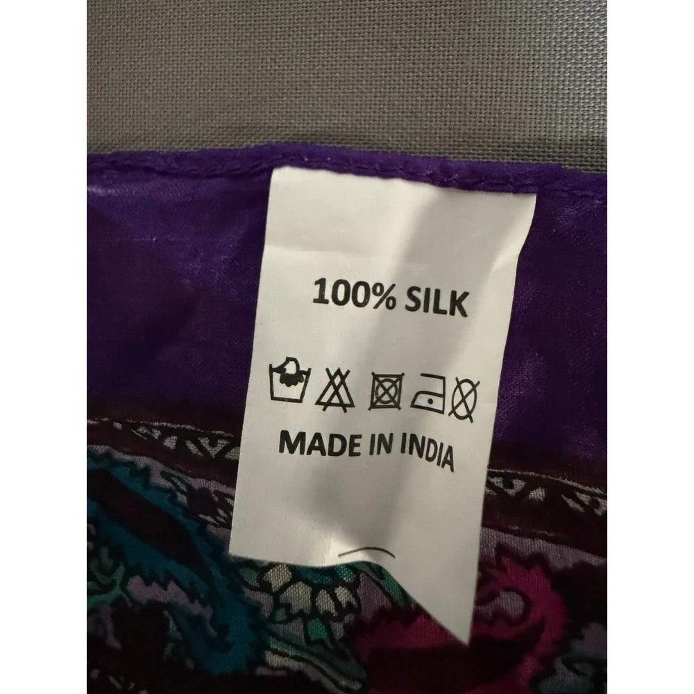 100% Silk Paisley Scarf Purple Teal Boho Made in India Lightweight 39x68 inch